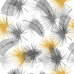 Lush tropical foliage background. Tropical seamless pattern: silhouettes of palm leaves. Jungle vector art.