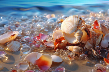 Love shimmers on the white beach with transparent and colorful candy colored crystal stones