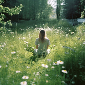 Generative AI illustrative image of a young woman finds herself in a serene meadow. In this tranquil setting, she enters a state of inner calm. Mental Health Awareness Month. 