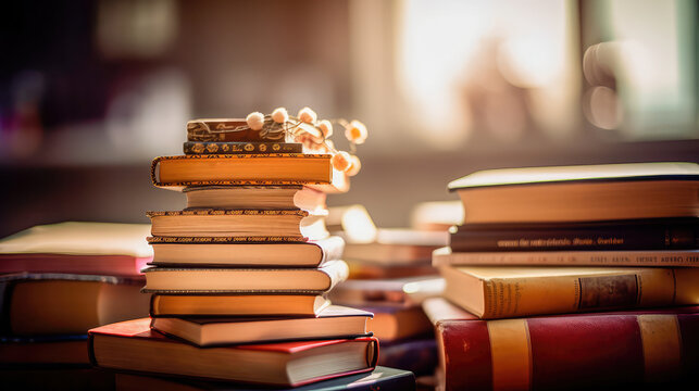 Vintage stack of old books on a wooden table. Generative AI