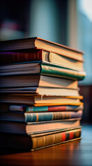 Fototapeta premium Vintage stack of old books on a wooden table. Generative AI