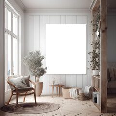 mock-up seaside home with large framed wall art created with AI generative technology 