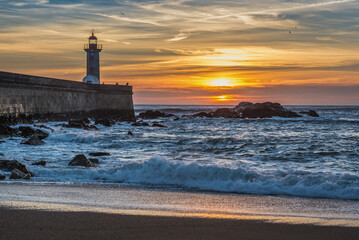 Sunset over Atlantic Ocean. View from Carneiro beach in Porto, Portugal