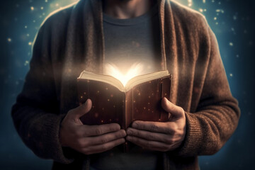 Man is holding and hugging the bible on his chest with atmosphere light