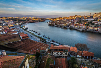 Fototapeta na wymiar Aerial view from Vila Nova de Gaia city on a Douro River and Porto city, Portugal
