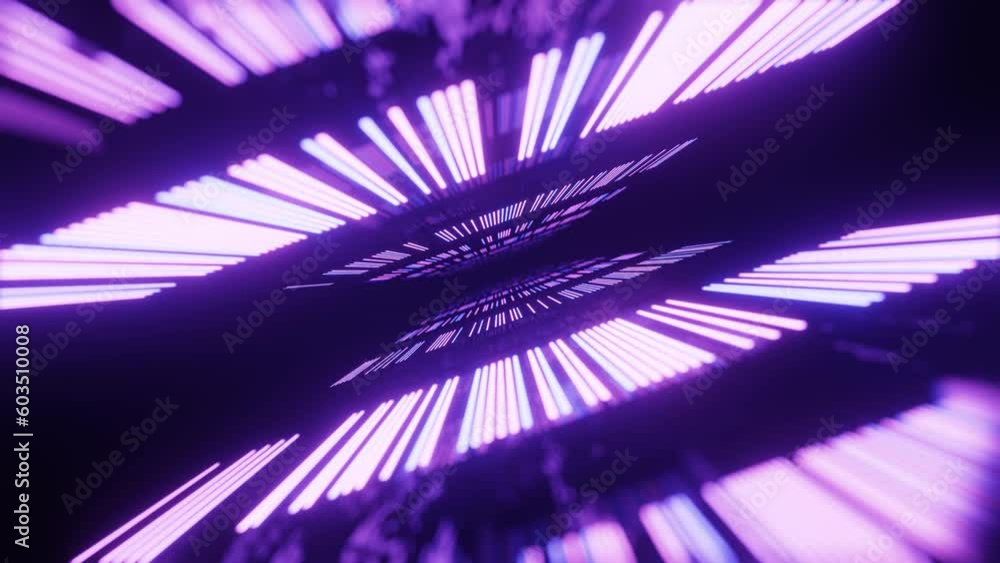 Poster 4k seamless looped animation. fly through mirror tunnel with neon pattern, glow lines form sci fi pa