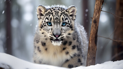 Fototapeta premium Wild Snow Leopard Looking Directly into the Lens in Mountain Terrain