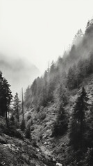 Mountain forest with mist and fog