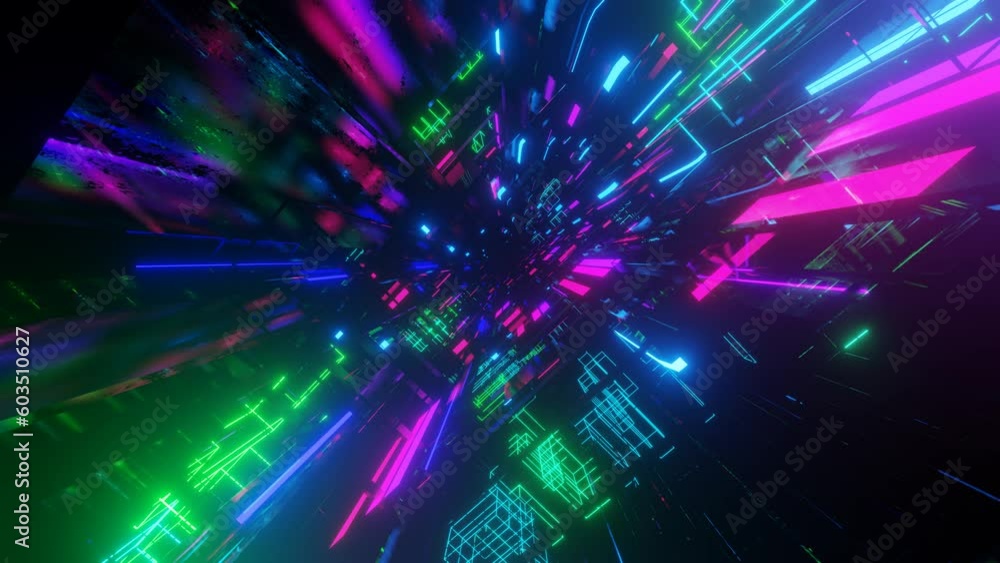 Aufkleber hi-tech neon sci-fi tunel. trendy neon glow lines form pattern and construction in mirror tunnel. fl