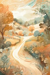 Digital watercolor landscape painting - ai painting - flowing hills, soft shapes, trees, a country path winds up