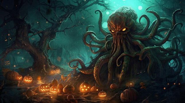 cosmic horror kraken tentacle grim dark fantasy monster cthulhu - by generative ai