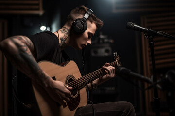 Fototapeta na wymiar a fictional person, young man playing a guitar in a recording studio