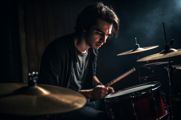 a fictional person, Drummer playing drums in a dark room