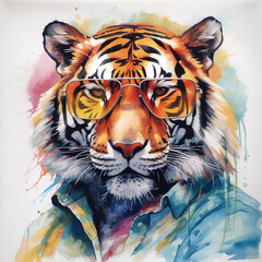 A cute Tiger with Sunglasses in Watercolor, Portrait Picture, centered Tiger. generative ai. - obrazy, fototapety, plakaty