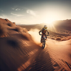 Fototapeta na wymiar person riding a bike in the sunset in the desert