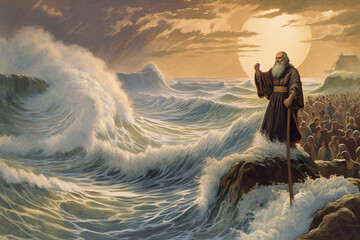 Biblical Moses illustration readying to part the sea. Ai generated - obrazy, fototapety, plakaty