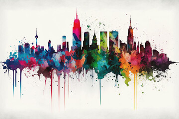 Fototapeta premium City skyline skyscrapers with splash of creative color vector design logo illustration. Ai generated