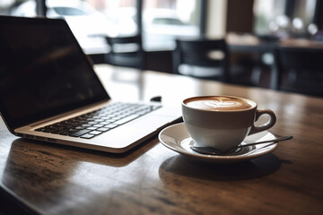 Cozy office setting with laptop and hot coffee or espresso. Ai generated