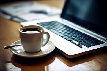 Cozy office setting with laptop and hot coffee or espresso. Ai generated