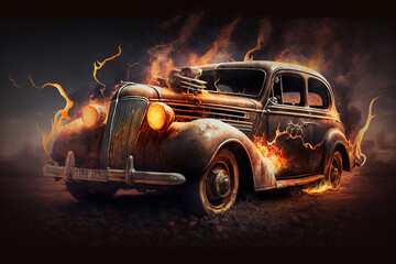 Hot rod classic car on fire concept idea. Ai generated