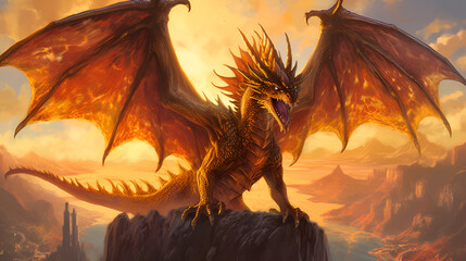 dragon in the sunset - obrazy, fototapety, plakaty