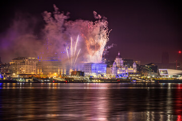 Naklejka na ściany i meble Fireworks at Liverpool waterfront for Eurovision 2023