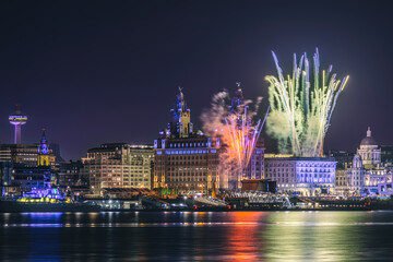 Fototapeta na wymiar Fireworks at Liverpool waterfront for Eurovision 2023