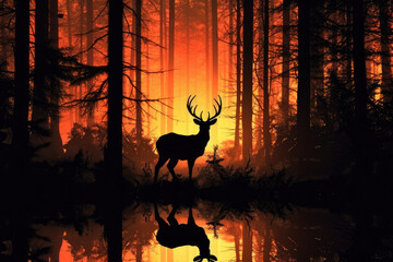 Silhouette of a deer and a approaching forest fire by generative AI