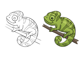 Coloring page with a cartoon cute chameleon. Line drawing with an example of a painted colorful lizard. Animal clipart with funny characters. Kids education activity page and worksheet. 