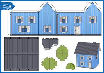 Kids paper craft activity page template. Cut and glue a paper house. DIY papercraft cutout puzzle building toys. Activity worksheet for children. Vector printable education game. 