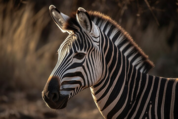 Naklejka premium Beautiful zebra with lines in the savannah close up photography. Ai generated