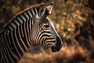 Naklejka premium Beautiful zebra with lines in the savannah close up photography. Ai generated