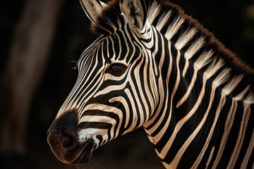 Beautiful zebra with lines in the savannah close up photography. Ai generated