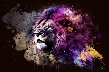 Creative lion head portrait with splash of colors. AI generated