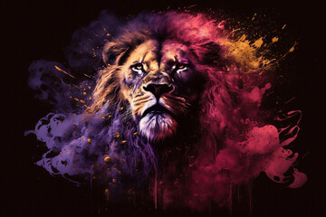 Creative lion head portrait with splash of colors. AI generated