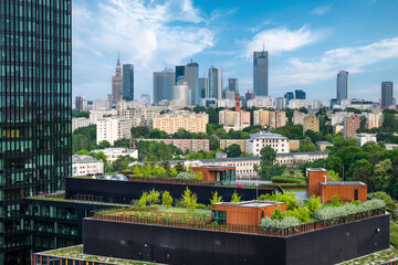 Obraz premium Aerial panorama of Warsaw city during sunset.