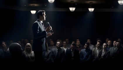 The Power of Persuasion: Captivating A Business Audience with Confident Presentation Skills Under Dramatic Spotlight Lighting Generative AI