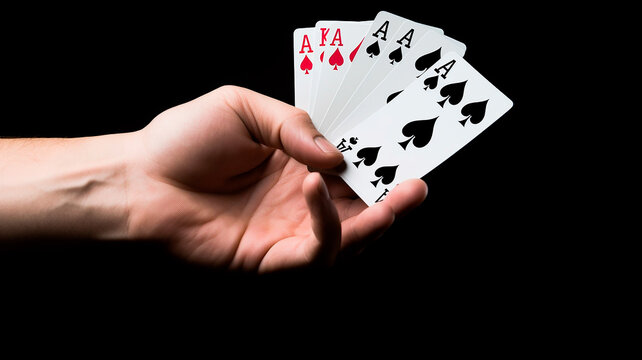 Hand with poker cards on a black background with copy space. Generative AI