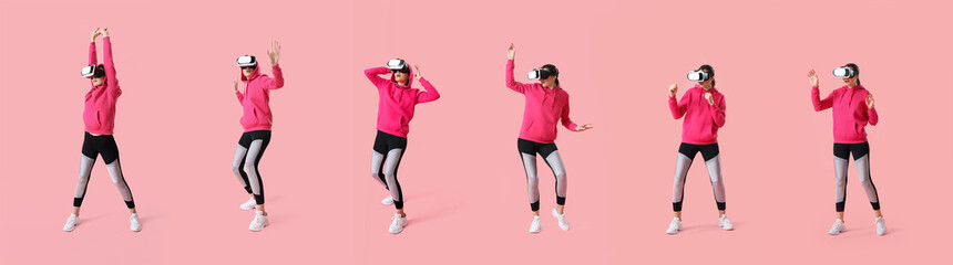 Set of young woman in VR glasses on pink background