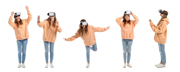 Fototapeta premium Set of young woman in VR glasses on white background