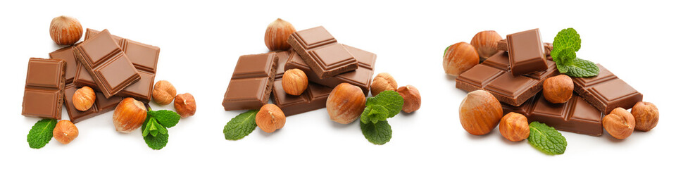 Set of tasty chocolate with hazelnuts on white background
