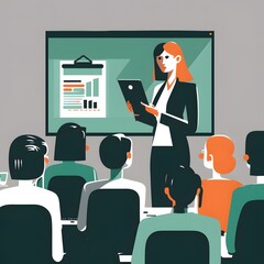 Captivating businesswoman presenting on tablet to colleagues in a professional meeting - Simple, sleek and modern flat vector illustration Generative AI