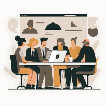 Collaborative strategies in action: A flat vector art of diverse businesspeople in a meeting, brainstorming project ideas, working on a laptop screen, while engaged in an intense Generative AI