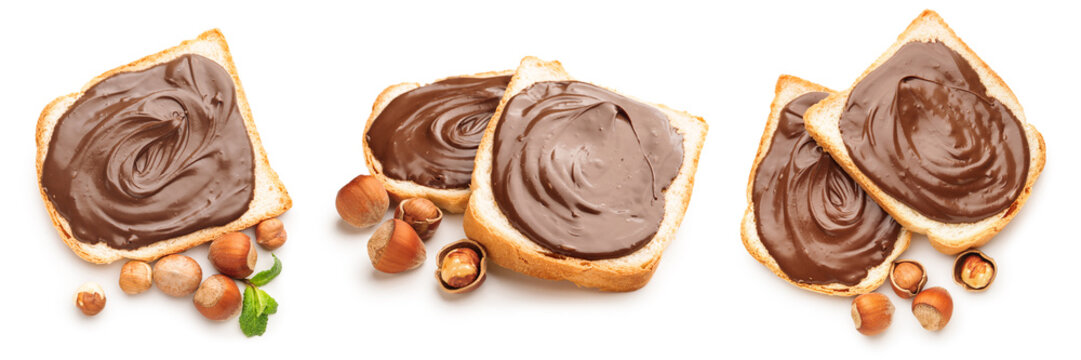 Set of bread slices with chocolate paste and hazelnuts on white background
