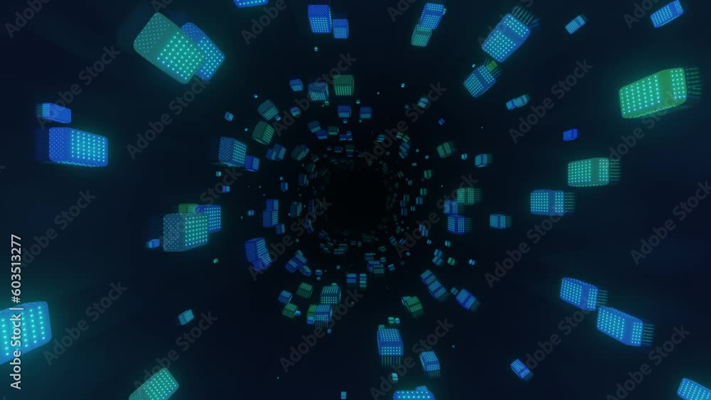 Poster glow boxes. 4k seamless looped animation. fly through mirror tunnel with neon pattern, glow lines fo
