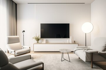 Obraz na płótnie Canvas Contemporary white room w/ armchair & plasma TV. Generative AI