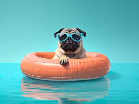 A pug dog on summer vacation holidays, wearing sunglasses swimming in the pool in a inflatable circle. Generative Ai technology.
