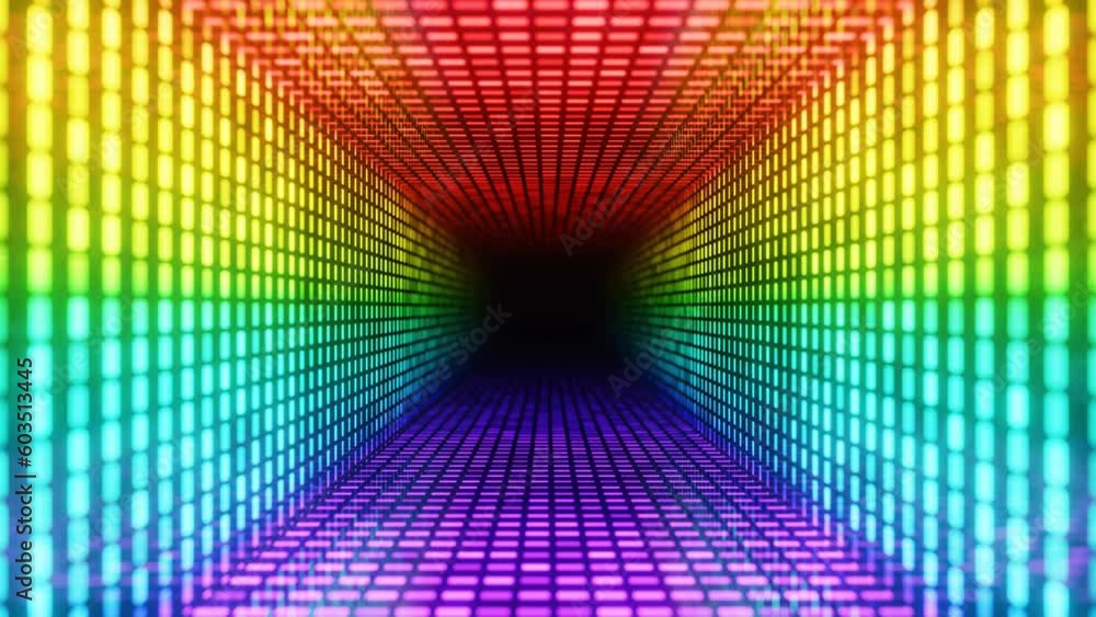 Poster rainbow colors. fly through mirror tunnel with neon pattern, glow lines form sci fi pattern. bright 