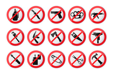 Prohibited items crossed circle badge for safety security warning control set vector illustration