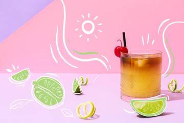 Glass of cold  mai tai cocktail on color background
